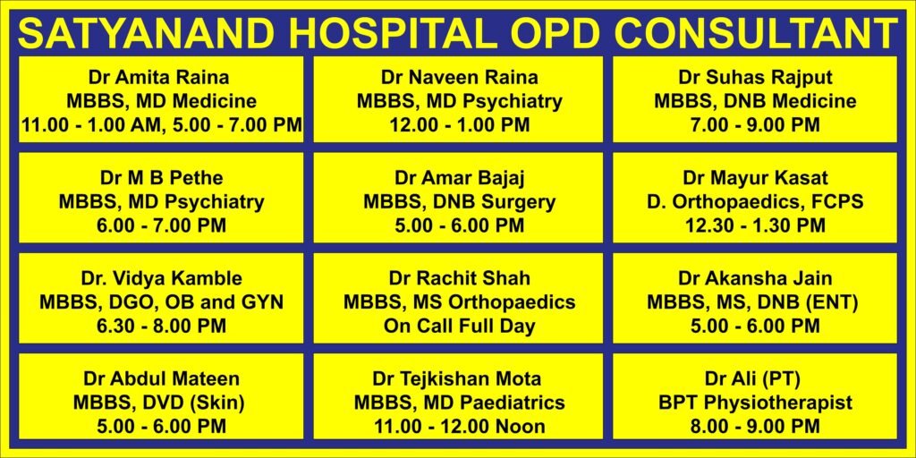 Dr Amita Raina, MBBS, MD Medicine, Dr Naveen Raina, MBBS, MD Psychiatry, Dr M B Pethe, MBBS, MD Psychiatry, Dr Rishikesh Sawant, MBBS, MS Orthopaedics, Dr Abdul Mateen, MBBS, DVD (Skin), Dr Amar Bajaj, MBBS, DNB Surgery, Dr Rachit Shah, MBBS, MS Orthopaedics, Dr Tejkishan Mota, MBBS, MD Paediatrics, Dr Suhas Rajput, MBBS, DNB Medicine, Dr Mayur Kasat, D. Orthopaedics, FCPS, Dr Akansha Jain, MBBS, MS, DNB (ENT), Dr Ali (PT), BPT Physiotherapist, Dr. Vidya Kamble, MBBS, DGO, Obstetrics and Gynaecology